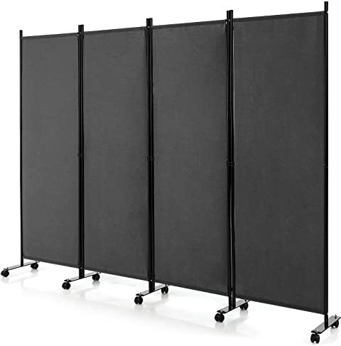 CASART Folding Room Dividers, 3/4 Panels Movable Protective Privacy Screens with Lockable Wheels, Steel Frame Portable Fabric Screen Room Partition for Home Office (4 Panels-224x30x172 cm, Grey)