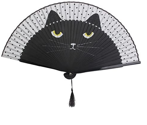 Faltender Handfächer – Damen-Cartoon-Katze, faltbarer Seidenfächer, Handfächer, niedliche Handfächer, Tanz, Hochzeit, Party, Geschenk, Sommer, Heimdekoration (schwarz), dekorativer Fächer (Farbe: Brau