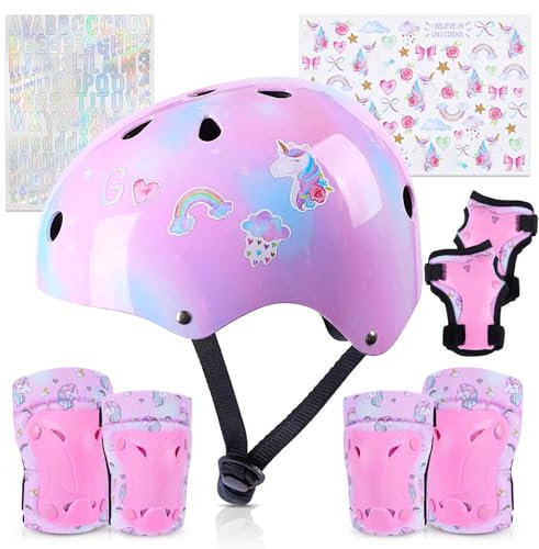 Unicorn Castle Kinderhelm 3-8 Jahre Kinder Fahrradhelm für Mädchen, Kinder Protektoren Schutzausrüstung Kinder Knieschützer Set, Verstellbar