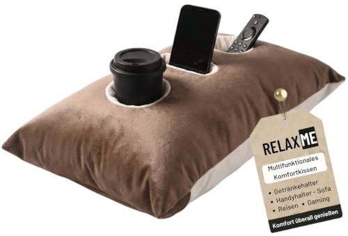 Nurtextil24 Relax ME Kissen Getränkehalter Sofakissen 40x60 cm BraunBeige | Multifunktional Allzweckkissen -Tablett & Getränkebehälter- Tolles Geschenk Idee - Sofakissen, Kopfkissen, Reisekissen