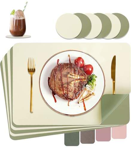 HELI MIAO Tischsets Abwaschbar,Platzsets Abwischbar, Leder,Hitzebeständig Doppelseitigen I 6er Set Platzdeckchen Lederoptik mit Untersetzer,Tischuntersetzer rutschfest,Grasgrün + Beige