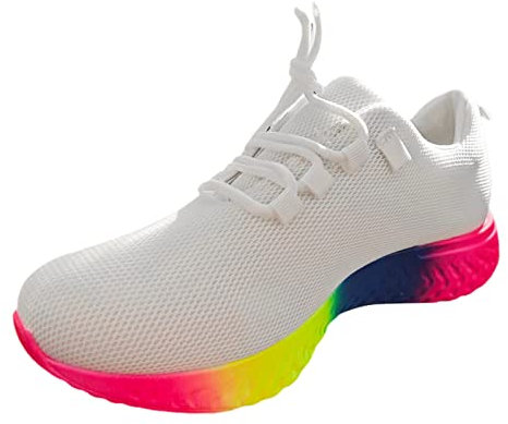 BOTCAM 2023 frühjahr Europäische Und Amerikanische Große Regenbogen Niedrigen Elastischen Einzelnen Schuh Frauen Casual Dicke Sohle Spitze Up Gestrickte Sport Schuhe S Damenschuhe (White, 38)