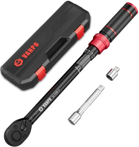 VANPO 1/2 Llave Dinamométrica 20-220Nm, 72 Dientes Moto y Coche Llave Dinamométrica Set 3 Piezas con Barra de Extensión de 125cm, 1/2-3/8 Adaptador, para Reemplazo de Llantas