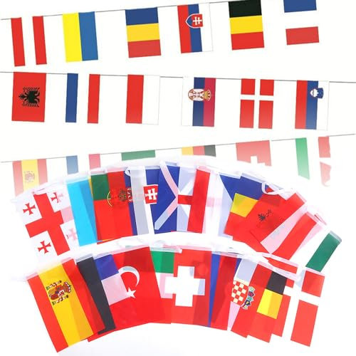 Xiujuers 2 Pcs Drapeaux Euro Guirlandes 2024, 24 Pays Drapeaux Européen Banniere Chaîne Décorations, Guirlandes de Drapeaux de 24 Pays, Drapeaux Euro Football pour Jardin, Bar, Restaurant (20 * 28CM)