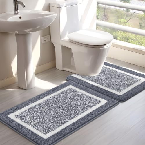 SHACOS Bathroom Rug Mat Set, Microfiber Shaggy Bath Mat, Non-Slip Soft Bathroom Carpet, Super Absorbent Quick Drying, Machine Washable, 2 Piece with U-Shaped Toilet, Grey, 50x80cm+50x60cm