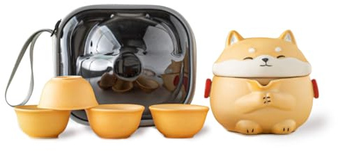 TUCHACA Mini Gaiwan Tee Set, netter Hund Shiba Inu Teekanne mit tragbarer Tasche für Reisen, chinesische Keramik Gongfu Teekanne mit 4 Keramik Teetassen. Geschenk für Teeliebhaber.