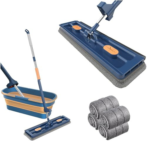 Trapeador Plano Grande con 4 Almohadillas de Microfibra, trapeador Plano Grande 2024, Juegos de trapeador Plano Grande y Cubos, trapeadores de Pared para Blue Mop+4 Pads+Bucket