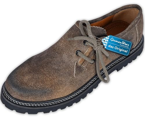 German Wear Scarpe da avena, originali, fatte a mano, in pelle scamosciata, con 2 lacci, Marrone antico, 42 EU