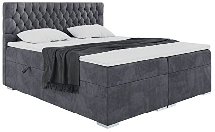 MEBLINI Boxspringbett mit Bettkasten - 180x200 - Gepolstert Doppelbett mit Matratze und Topper - Polsterbett mit Stauraum - Bett mit Kopfteil - Stauraumbett - Dalia - H4/Dunkelgrau Samt