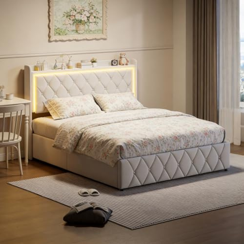 FOERPL Boxspringbett 140 x 200 cm mit Stauraum, LED, Ladefunktion und Kopfteil - gepolstertes Doppelbett für Erwachsene (Beige)