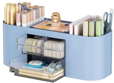 Marbrasse Organizer Scrivania,3 Cassetti e 7 ScompartiPortapenne da Scrivania,Multifunzionale Portaoggetti Accessori per Ufficio, Casa,Scuola(Blu)