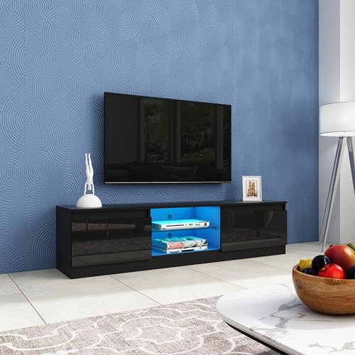 Meuble TV moderne noir brillant avec lumières LED et 2 portes et 2 étagères ouvertes 160 cm