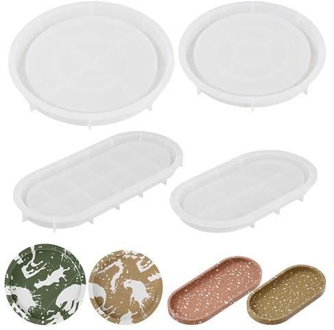 Mapille 4 Piezas Moldes de Platos para Resina, Moldes de Silicona Bandeja, Molde de Bandeja para Resina, Molde de Silicona Redondo y Ovalado para Resina Epoxi Artesanías de Bricolaje