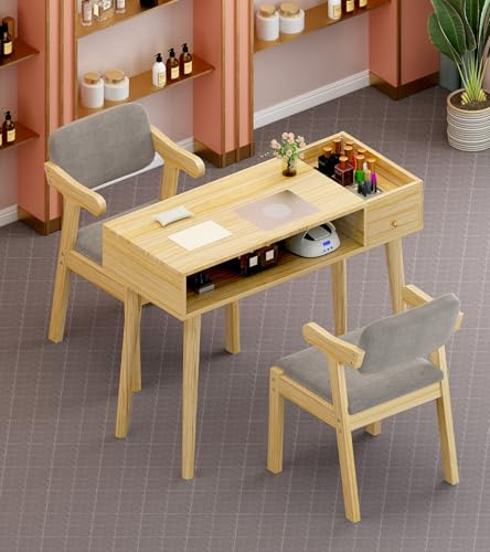UKETO 80CM Escritorio de Madera Maciza con Recolector de Polvo | Mesa de Manicura Profesional para Técnica de Uñas, Salones de Uñas y Uso Doméstico (Sin Sillas)