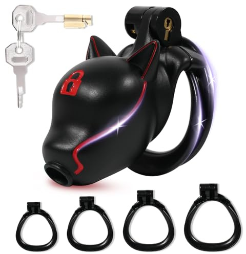 Cage de Chasteté pour Pénis à Tête de Chien Sex Toýs Homme Cage Chastetée avec 4 Anneaux Larges Chastity Cage avec Serrure Cachée et 2 Clés Ceinture de Chasteté pour le Bondage du Pénis (Black,A)