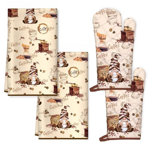 Arquiel Kaffee Ofenhandschuh und Topflappen 4er-Set Baumwolle | Baumwoll-Küchenset mit Kaffee-Motiv, hitzebeständig und praktisch zum Kochen, Backen und Grillen.