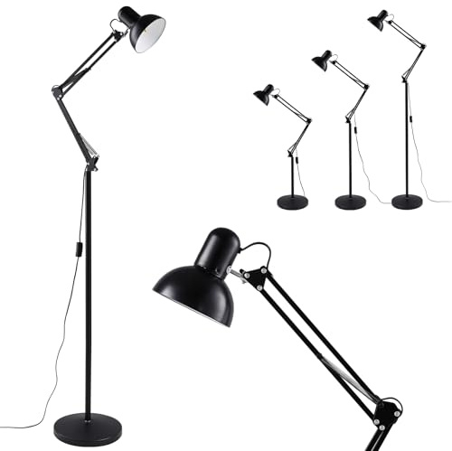 Warmiehomy Modern Reading Floor Lamp, Vintage Floor Standing Reading Lamp, Standing Floor lamp, E27 Bulb Base, Metal Swing Arm Floor Light for Bedroom, Living Room Library Office Standard Lamp, Black