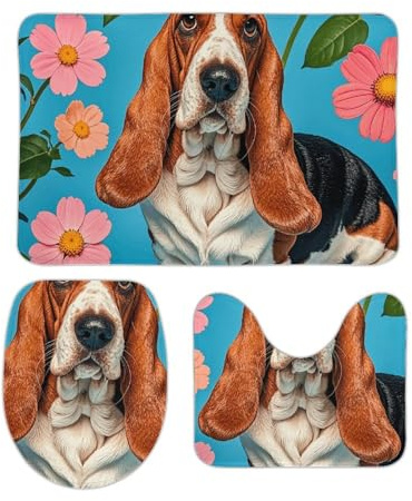 rutschfeste 3 Badteppich Set Süße Basset Hound Blume Bad Duschmatten Wasserabsorbierend Anti-Rutsch Badgarnitur Badematten, Für Wohnzimmer, Badewanne, Badezimmer