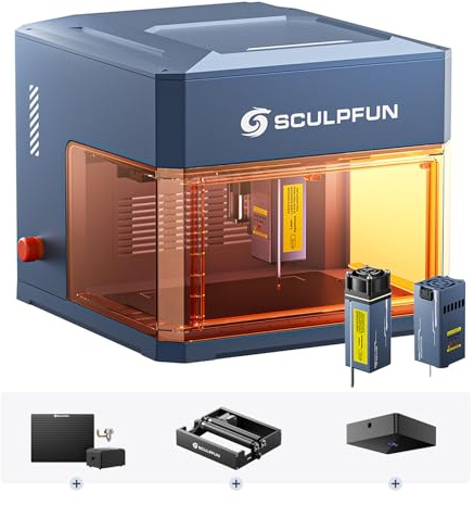 SCULPFUN iCube Ultra Deluxe Doppellaser Lasergravierer mit RA Mini Laser-Rotationswalze, iCAM Kamera, Air Assist Kit und Wabenplatte, 12W Diodenlaser + 1,2W Infrarotlaser, Gehäuse Laser Gravurmaschine