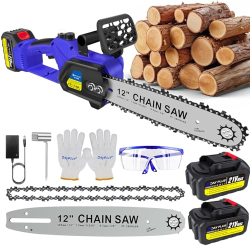 1050W Electric Brushless Chainsaw Cordless 12 Inch with 2-Pack Rechargeable Batteries and Charger, 10m/s Chain Speed, Auto Chain Lubrication, One-Handed Woodworking Saw for Cutting Wood, Tree Trimming