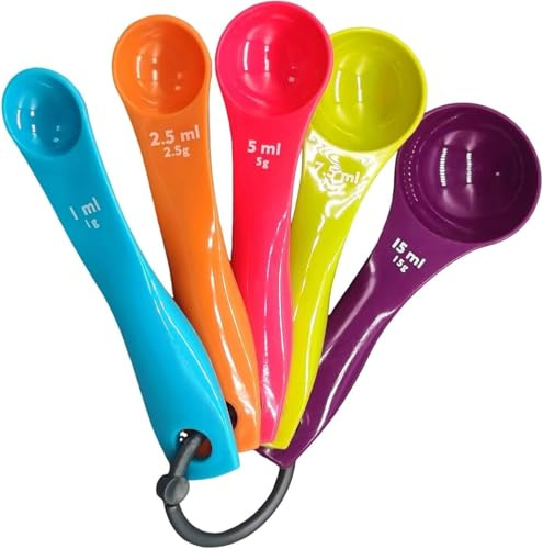 Ousuwo 5-teiliges Messlöffel-Set, Dosierlöffel, Gramm, verschiedene Kapazitäten, mit buntem Kunststofflöffel