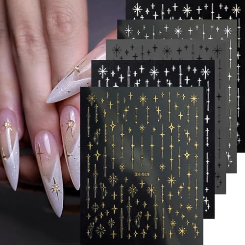 Nymora 7 Blätter Sternlinien Nageldesign Sticker Decals Gold Silber Schwarz Weiß Nagesticker für Nageldesign selbstklebende Mond Nageldecals
