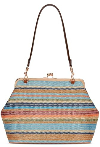 CATSEA Large Women's Kiss Lock Bag PU Medium Top Handle Handbags Kiss Clasp Shoulder Bags Tote Purse Messenger Clutch (Straw - Colorful)
