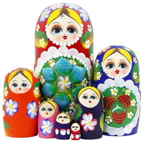 Winterworm® Russische Matroschka-Puppe aus Holz, rote Blumen und Beeren, 7 Stück