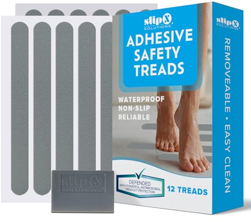 SlipX Solutions Adhesive Anti-Slip Safety Treads, Non Slip Shower Stickers, Reliable Grip for Bathtubs, Showers, Pools, Boats, Stairs & More, Safety Stickers (12 Pack, 7.5” x 0.75”, Gray)