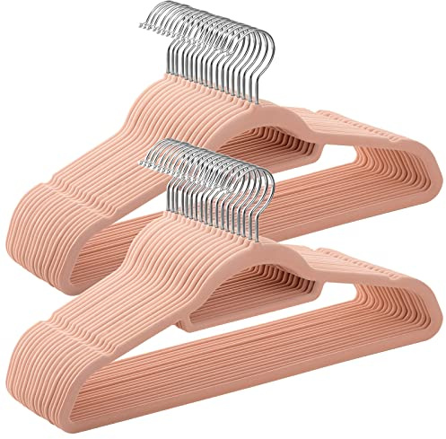 SONGMICS Percha de Terciopelo, Juego de 50, Antideslizantes, con Barra Corbata y Gancho Negro, 0,6 cm Espesor, Ahorra Espacio, 43,5 cm Largo, Abrigo Pantalón, Rosa Claro y Plata CRF50PK