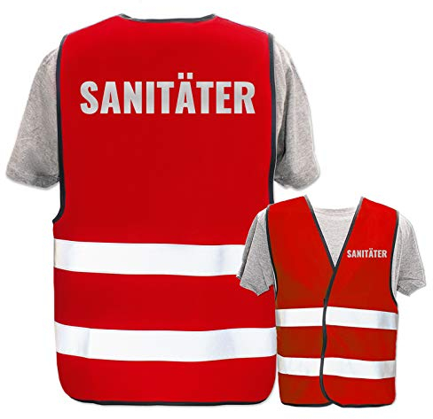 Bedruckte Marken-Warnwesten mit Leuchtstreifen * Standard- o. Reflex-Druck * Einsatzkräfte, Warnweste Begriffe Einsatzkräfte:Sanitäter (Reflektierend), Farbe + Größe:Rot (M/L)
