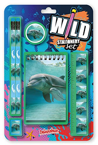Wild Stationery Deluxebase Delfin Set - Lustiges Schulbedarf Set bestehend aus 2 Bleistiften, Radiergummi, Spitzer, Lineal und Notizbuch, Schreibwaren-Set
