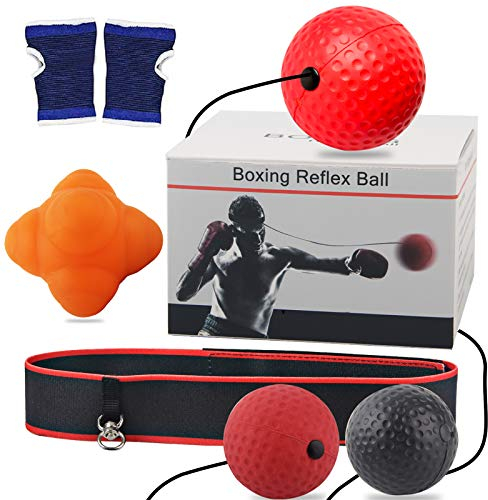 Reflexball mit Reaktionsbounce Ball, Reaktionstraining Set, 3 Schwierigkeitsstufen Boxball mit Stirnband, Boxhandschuhe, perfekt für Reaktion, Schlaggeschwindigkeit, Hand-Augen-Koordinationstraining