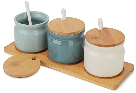 Chase Chic Gewürzgläser Set, Keramik Zuckerdose mit Deckel und Löffel für Haus und Küche, Kleine Gewürzbox mit Holztablett, Ideal für Einweihungsgeschenk in der Küche, 7.7 oz/230 ml, 3er Set