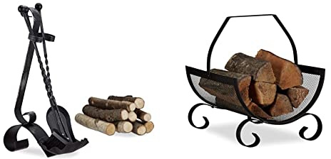 Relaxdays Gusseisen, schwarz Kaminbesteck antik, 4-TLG Kamingarnitur & Kaminholzkorb schwarz, Brennholzkorb groß, Holzwiege Kamin, Feuerholzkorb Metall, HxBxT 40 x 33 x 38 cm, Black