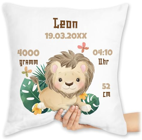 Kissen 40x40 Zierkissen - Zur Geburt - Geburtsgeschenk Löwe Datum Gewicht Uhrzeit Größe - 40 x 40 cm - Weiß - baby personalisierte babygeschenk neugeboren daten kissenhülle löwen geburtskissen