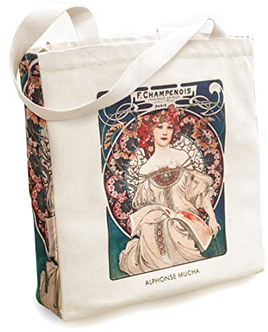 KXT DES!GN Tragetasche Jugendstil aus Baumwoll-Canvas mit Reißverschluss und Innentasche (Mucha Champenois)