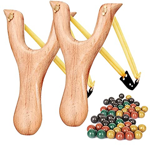 GERUI 2 Stück Schleuder Steinschleuder Zwille Set, Holz Schleuder für Outdoor Sportarten, Katapult mit 100pcs Zwille Tonkugeln, für Erwachsene und Kinder,Spielzeug für den Außenbereich