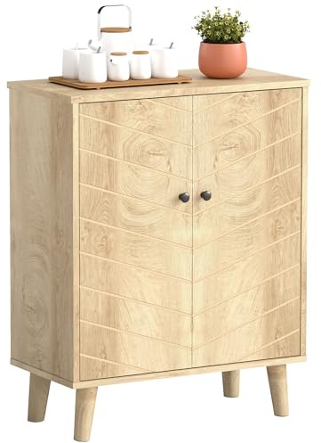 HOMCOM Sideboard Cabinet, Modern Vintage Kitchen Storage Cabinet with 2 Chevron Doors and Pine Wood Legs for Living Room, Kitchen, Hallway, Natural Wood Finish