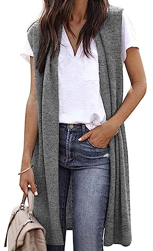 IQYU Chaleco sin mangas para mujer, largo y ligero, cárdigan de punto sin mangas, elegante, monocolor, cárdigan de punto, chaqueta de transición de otoño, chaleco de punto largo abierto por delante