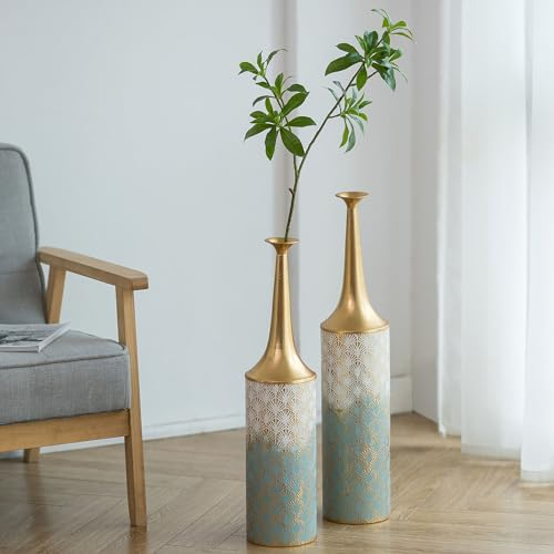 Sziqiqi Extra Stora Golv Vaser - 66/60cm Vintage Tall Golv Vas Set med 2 Stora Lantgård Kustblomma Vas för Vardagsrum Metall Smal Hals Vas för Pampas Gräs Konstgjorda Växt Twigs
