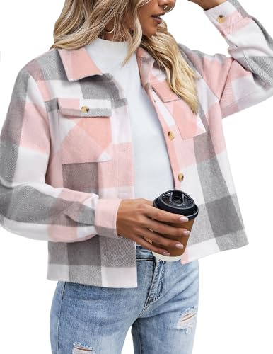 Zeagoo Plaid Shirts for Women Cropped Flannel Jacket Winter Button Fashion Long Sleeve Shacket Shirt Coat