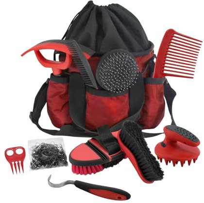 Harrison Howard Pferdepflegeset, 9-teilig, Pferdepflegeserie, Pferdebürsten-Sets mit Organizer, Tragetasche, Zaumzeug, Zubehör, Haarausfall, Fellpflege, Massagewerkzeug, Rot