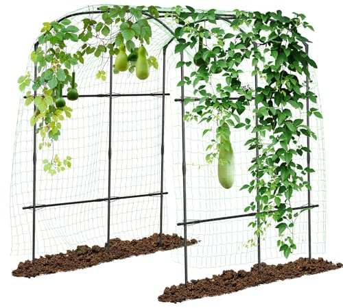SUNYRISY Große Gurken Rankhilfe, Gartenbogen für Kletterpflanzen Rankhilfen, 220cm Hoher PE Beschichtete Metall Rankgitter mit Ranknetz, Rankbogen Rankgitter für Gurke, Blumen, Erbsen