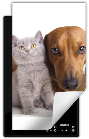 DarHaus Herdabdeckplatte 1 teilig 30x52 cm Küche Herdabdeckung Ceranfeld Herdabdeckplatten Anti Rutsch Matte Aufrollbar, Katze und Hund