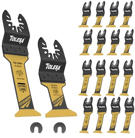 TOLESA 16tlg Multitool Sägeblätter Titan Extra Lange und Breite für Multimaster Sägeblätter zum Schneiden von Metall, Geeignet für Metall, Holz und Kunststoff | Titanbeschichteter, gewellter Zahn, 2x Lebensdauer, für Metall, Holz und Kunststoff
