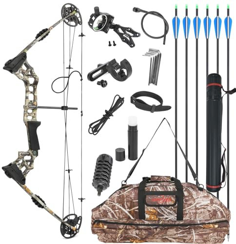 Bogenschießen Compound-Bogen und Pfeil-Set Jagdbogen für Erwachsene Links- und Rechtshänder 20-70 lbs einstellbar bis zu IBO 320 fps Zielschießen Compound-Bogen (Linke Hand Camouflage)