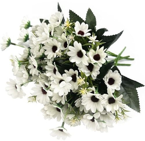 Artificial White Daisy Flowers, Fake Silk Flower UV Resistant Plants Daisies Decoration Faux Plastic Plant Chrysanthemum Bunches for Verandah Office Table Centerpieces Arrangements DIY Decor 4 Pack