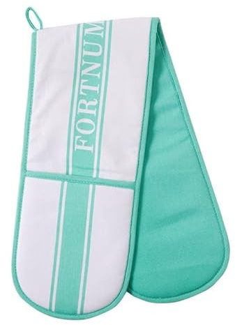 Fortnum and Mason Stripe Double Oven Gloves - Heat Resistant Cotton Cooking Gloves, Signature Eau de Nil Design, 88cm x 1.8cm x 0.5cm, Kitchen Accessories