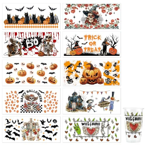 10pcs Halloween Cup Wrap Transfer Stickers, Waterproof Rub on Transfer Stickers Vinyl DTF Glass Cup Wrap Transfer Stickers for Furniture Crafts Decoration Supplies (Style A)